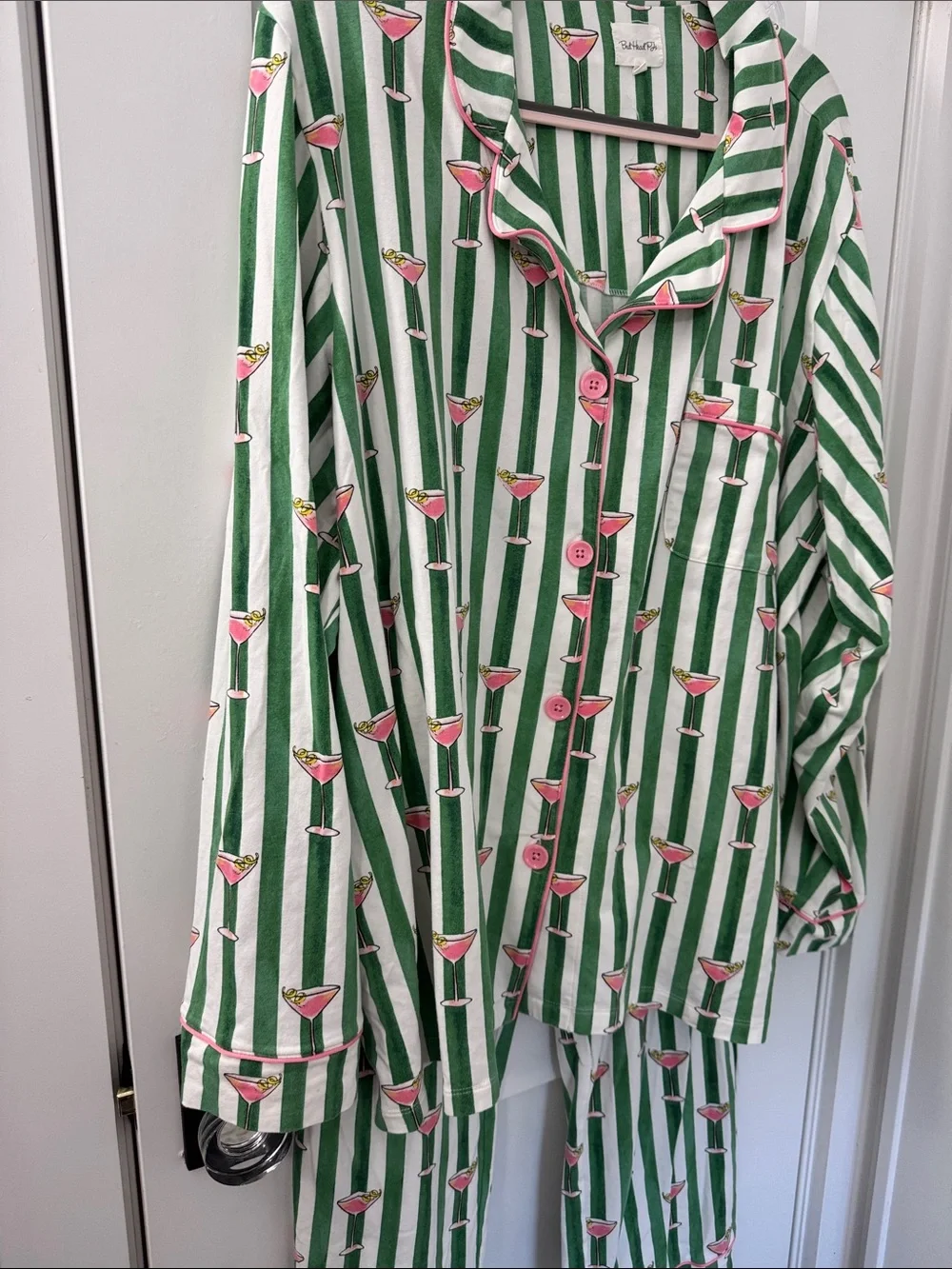 BedHead Green and White Striped Pajama Set with Pink Cocktail Print